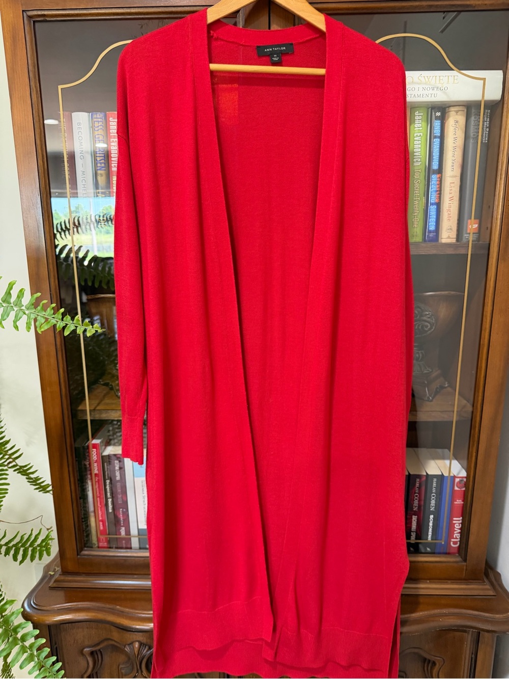 Ann Taylor Vibrant Red Open-Front Long Cardigan